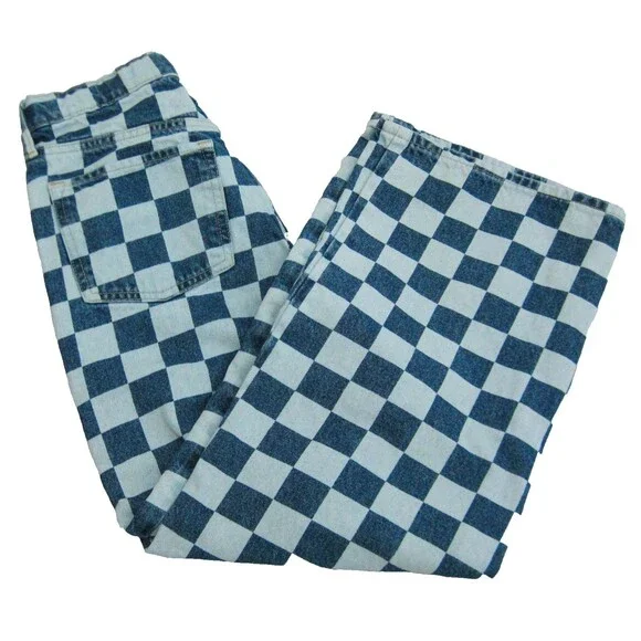 Old Navy Checkered Jeans Girl's Size 14 Blue Baggy Wide Leg 5 Pockets Pants