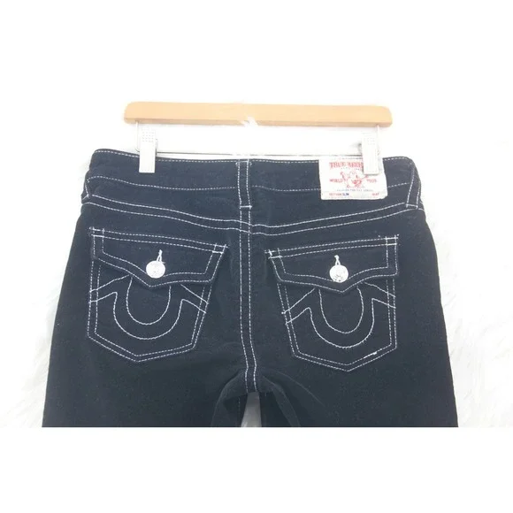 Girls Size 14 TRUE RELIGION Black Corduroy White Stitched Straight Leg Jeans Y2K
