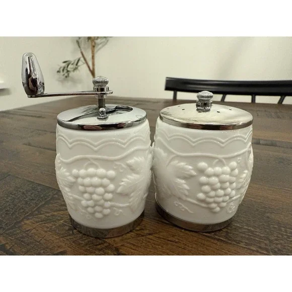Vtg George Thompson Milk Glass Salt & Pepper Set Grape And Leaves Pattern Chrome