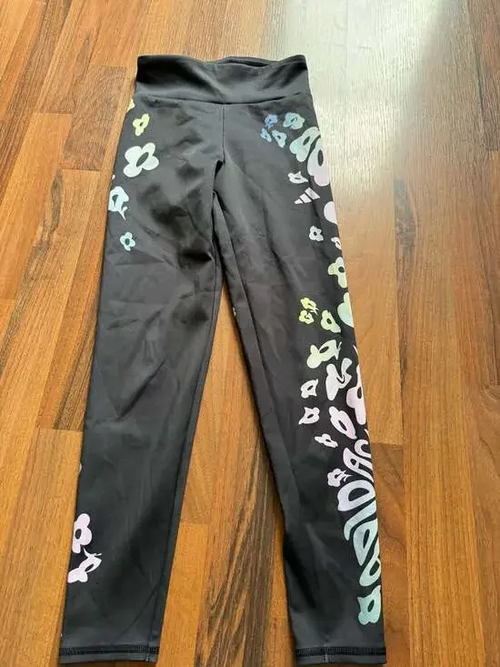 Adidas Girls Aeroready Slim Fit Floral Athletic Leggings Black Size 7/8 S