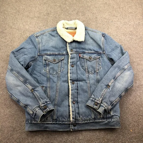 Levi's Jacket Mens Medium Blue Denim Sherpa Lined Trucker Button Winter Coat