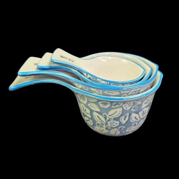 Sparrow and Wren Ceramic Measuring Cups Set 4 Blue Floral Leaf Kitchen Cooking