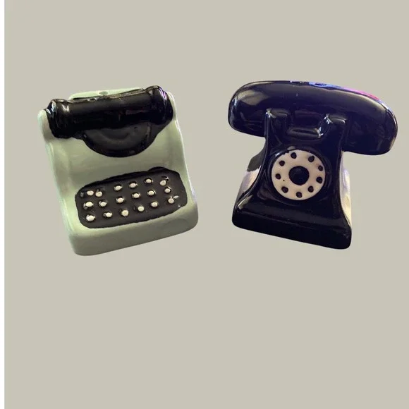 Vintage Style Ceramic Salt and Pepper Shakers Retro Telephone Typewriter Set