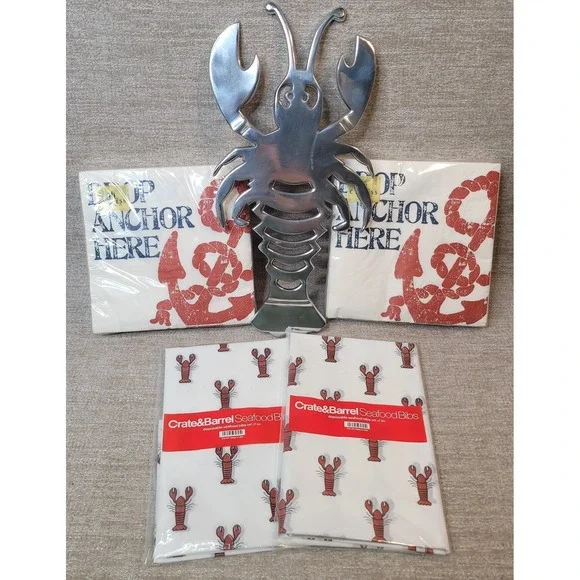 Lobster Fest Crate‎ & Barrel Bibs, Lobster Trivet & Drop Anchor Here Napkins NEW
