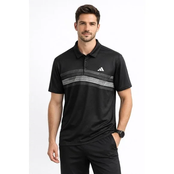 Adidas Men's Polo Shirt Large Black Performance Golf Shirt Stripe Logo