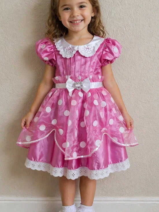 Disney Minnie Mouse Pink Polka Dot Costume Dress Size 4 Rhinestone Bow‎ Lace