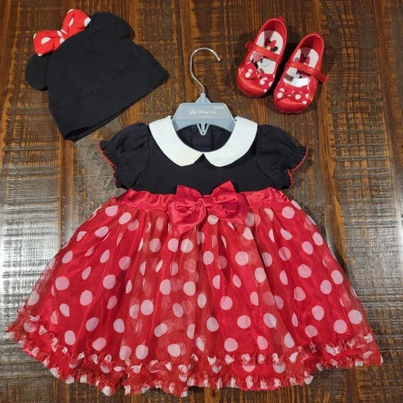 Disney Store Baby Minnie Mouse Costume Shoes‎ Hat Minnie Mouse Ears Dress 6/9 M