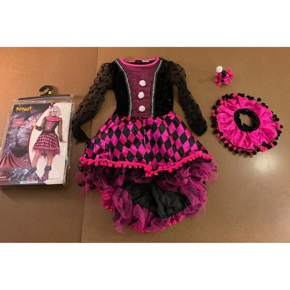 Spirit Halloween Child Medium (8-10) Pink Black Neon Clown Costume NWT *Flaw