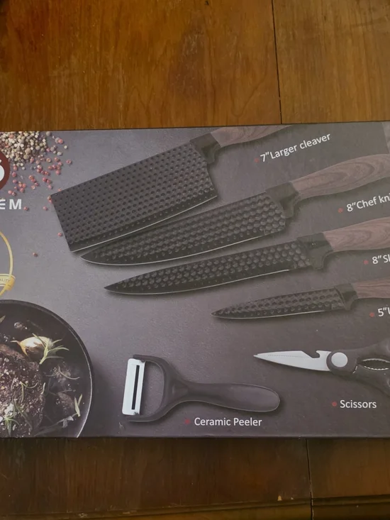 NWT Heesem 6-Pc Black Hammered Kitchen Knife Set Chef Cleaver Slicer