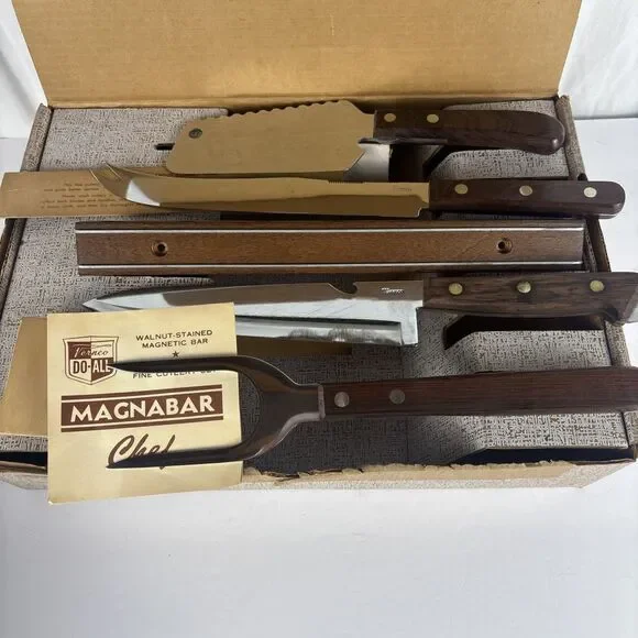 Vernco Do All Magnabar Chef 4 Pc Fine Cutlery Walnut Stained New Open Box Vtg