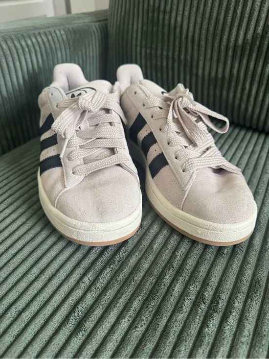 adidas Women’s Pale Pink Suede Sneakers with Black Stripes