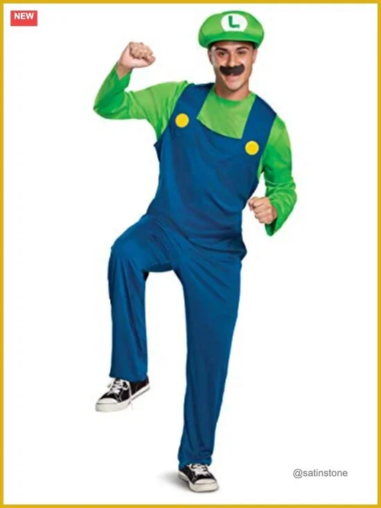 Official Luigi Adult Costume w/ Hat & Mustache, Polyester, Halloween Cosplay