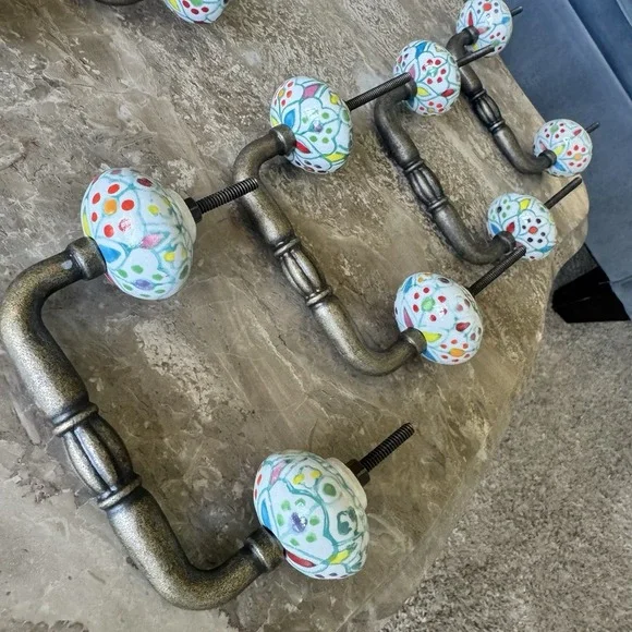 Lot 8 Hand Painted Ceramic & Brass Boho Colorful Cabinet / Drawer /Dresser Pulls