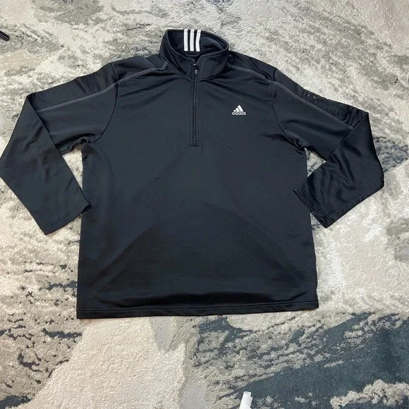 Adidas Golf Jacket Men 2XL Black 3 Stripes Mock Neck Quarter Zip Pullover Sports