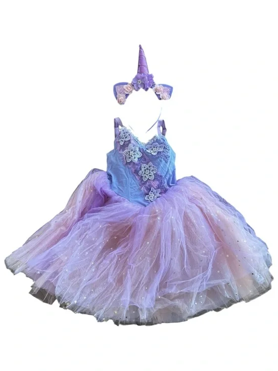 Girls Dance Unicorn Leotard Costume Purple Pink Lilac Headband and Tutu