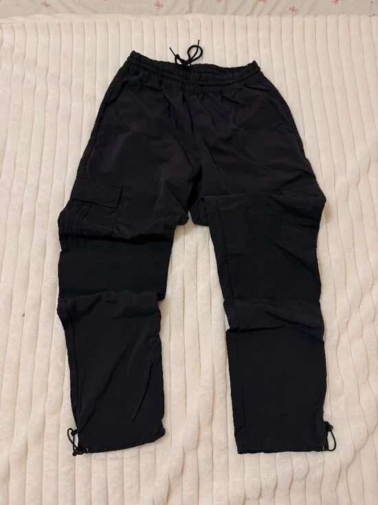 Black Cargo Parachute Pants Utility Drawstring Streetwear