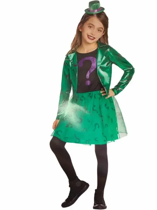 New DC Girls Green & Black Riddler 2 Pc Halloween Dress Costume Size M 8-10