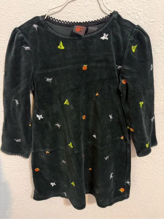 Girls' Dark black Velvet Halloween Dress Embroidered Pumpkins & Ghosts whimsical