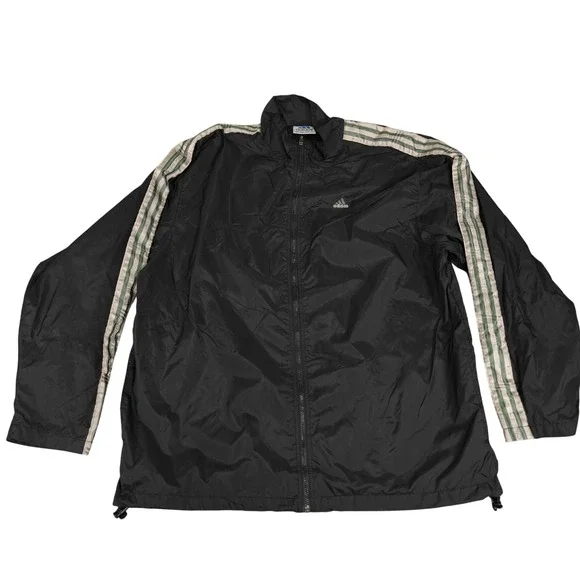 Adidas Jacket Mens 2XL Black Windbreaker Full Zip Mesh Lining Three Stripes Logo