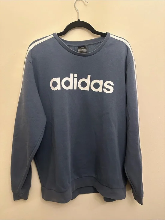 Adidas Essentials 3 Stripe Spell Out Logo Crewneck Sweatshirt Blue White XL