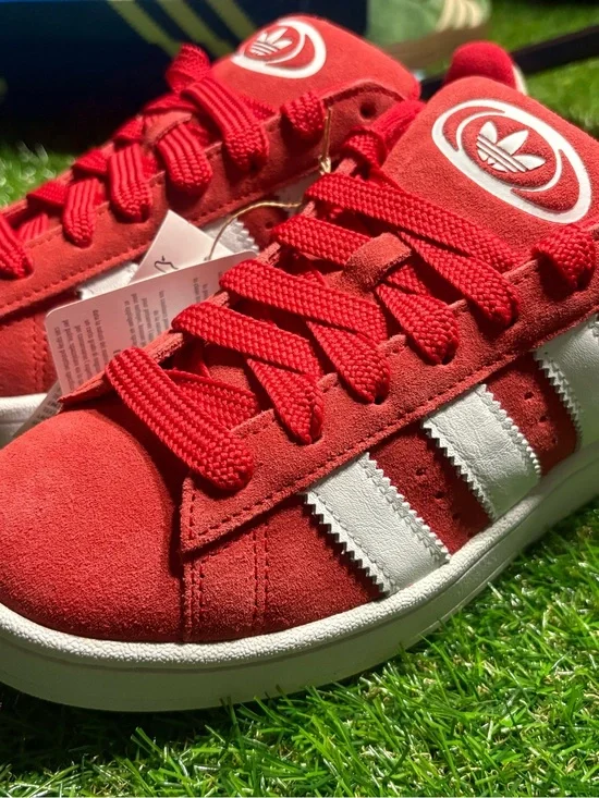 adidas Campus Red Suede w/ White Stripes mens 7, women’s 8.