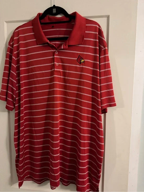 adidas Red and White Striped Polo with Embroidered Cardinal