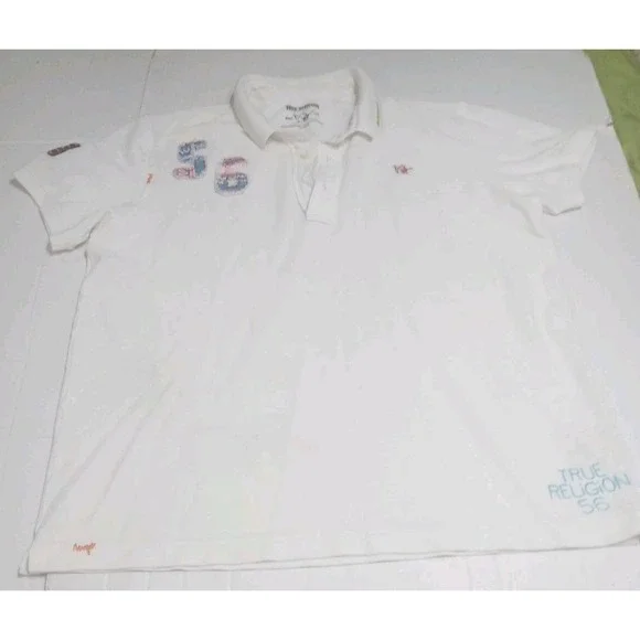 True Religion Vintage Y2K Polo Shirt Mens XXL White Buddha 56 World Tour Graphic
