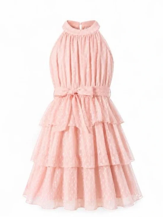Girls' Pink Tiered Halter Dress with Waist Bow