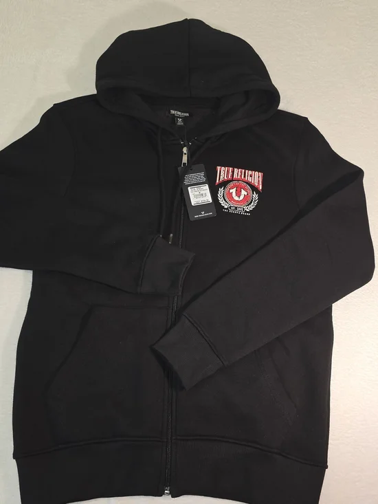 True Religion Mens Full Zip Hoodie  Black Distressed Logo 700926 Size M NWT