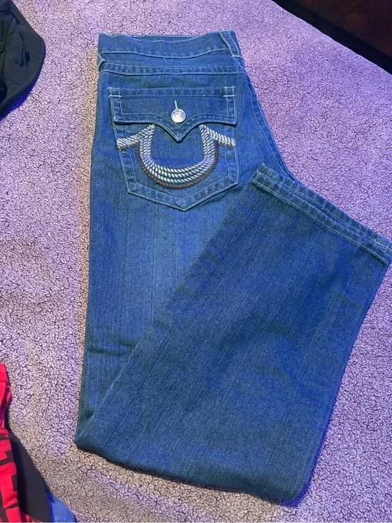 True Religion Men's Blue Bootcut Jeans with Signature Pocket Embroidery(07-10)