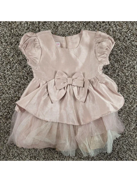 Bonnie Baby Girls Sz 12M Short Sleeve Formal Dress Champagne Pink Gold Tulle Bow