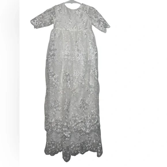 White Floral Lace Christening Gown Silver‎ Metallic Embroidery Baptism Dress