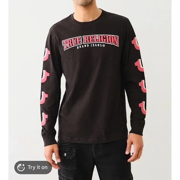 True Religion Mens Small Long Sleeve Graphic T-Shirt Black Red Horseshoe Logo