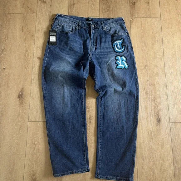 True Religion Bobby Applique Relaxed Baggy Jeans Size 36 Medium Blaze Wash NWT