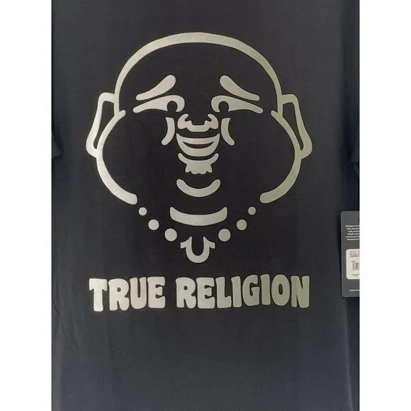 True Religion Jet Black Ombre Buddha Face Short Sleeve Men's‎ T-Shirt Size Large