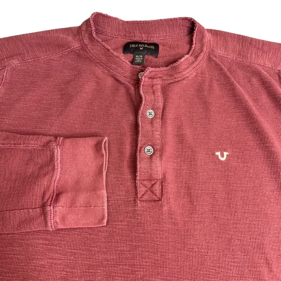 True Religion Mens XL Burgundy Waffle Knit Thermal Long Sleeve Henley Shirt