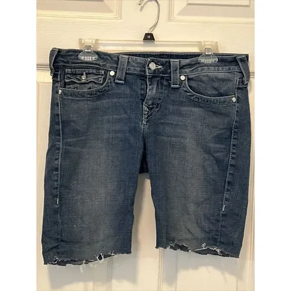 True Religion Blue Bling Raw Hem Cut Off Jean Shorts‎ 32