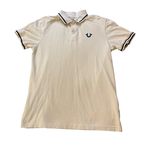 True Religion Polo Shirt Mens Medium Cream‎ Black Trim Short Sleeve Logo Golf
