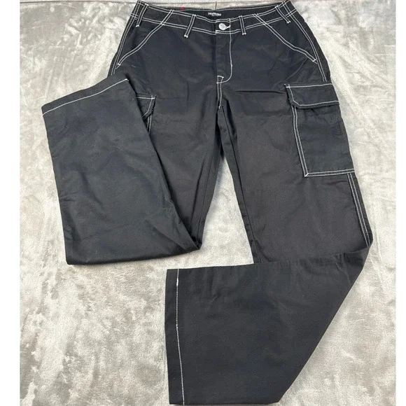 True Religion Cargo Pant Mens 32 Baggy Emb HS SN Jet Black Contrast Stitch NEW