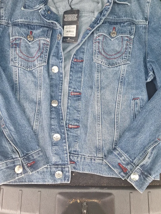 True Religion Medium Blue Denim Trucker Jacket with Red Stitch Accents