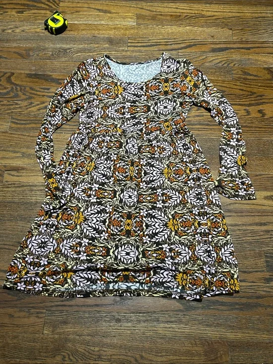 Girls Floral Pattern Long Sleeve Dress - Brown & Yellow