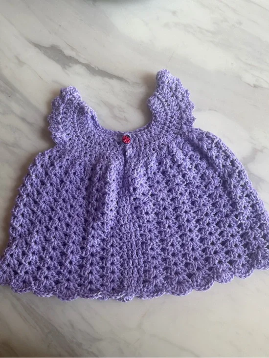 Handmade Crochet Baby Girl Lavender Purple Dress Ladybug Button 6-9 Months