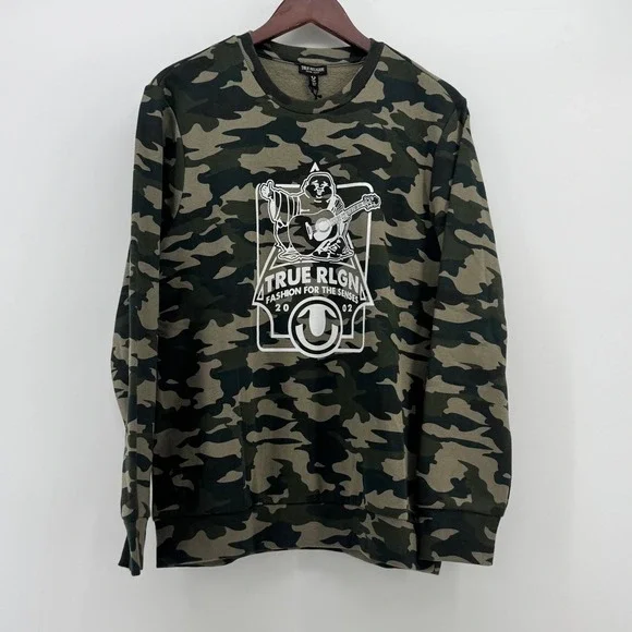 True Religion Mens Buddha Graphic Camo Crewneck‎ Sweatshirt Green 105972 Size M