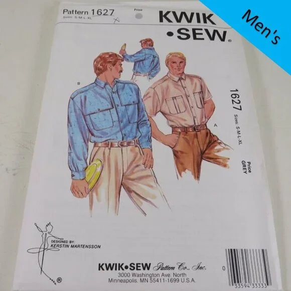 Kwik Sew 1627 clothing pattern Mens Shirt S-XLg long & short sleeve UNCUT