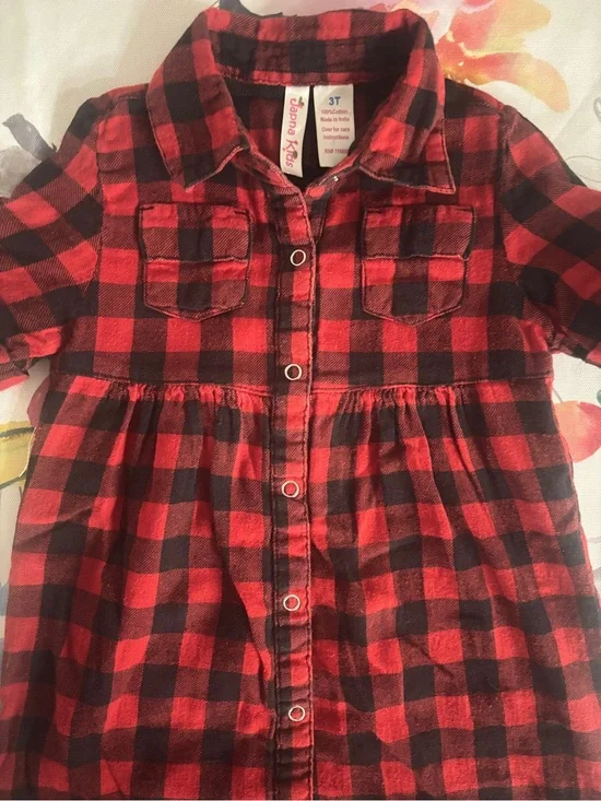 Girls Red & Black Plaid Button-Front Shirt Dress