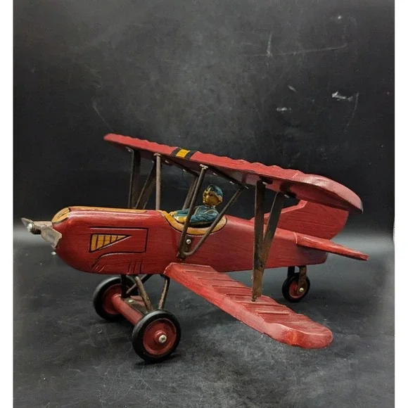 Vintage WWI‎ Wooden Biplane w/Fighter Pilot Airplane Model Primitive Folk Art