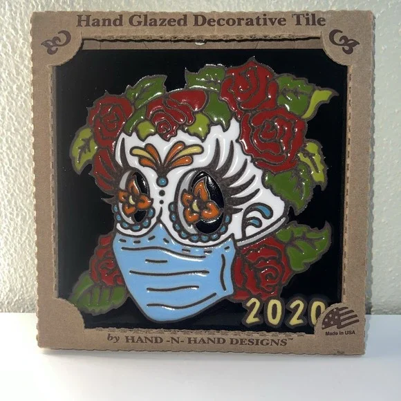Earthtones Day Of The Dead Skull Women Hand Glazed Art Tile