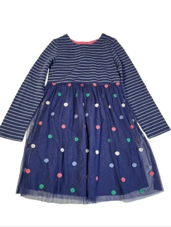 Mini Boden Jersey Tulle Long Sleeve Dress Polka Dots Navy‎ Blue Stripes sz 9-10