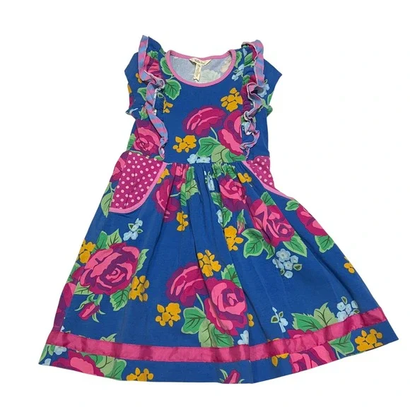 Matilda Jane Girls Blue Floral Ruffle Pocket Dress Size 10 Pink Rose Polka Dot