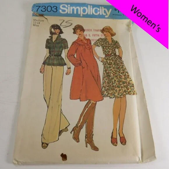 Simplicity 7303 Clothing Pattern Miss Med 12-14 Shirt, Dress, Skirt, Bell Bottom